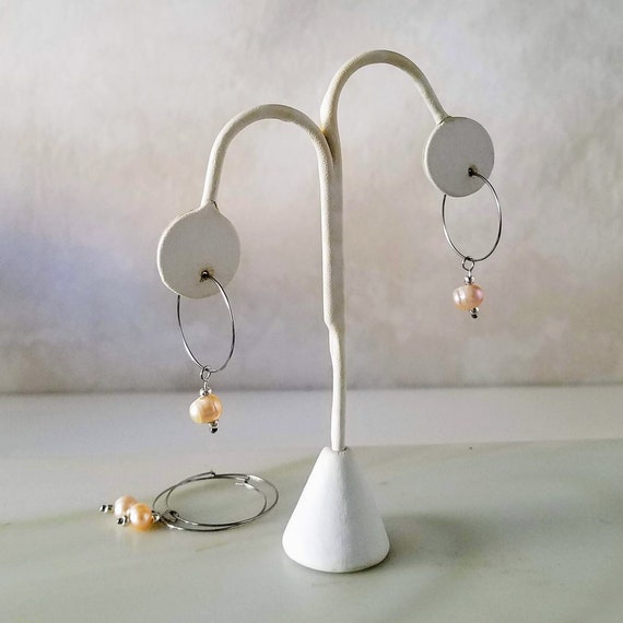 Pearl Stainless Steel Hoop Earrings with Blush Freshwater Pearls, Minimalist Boho Pearl Earrings with Removable Pearl Charm