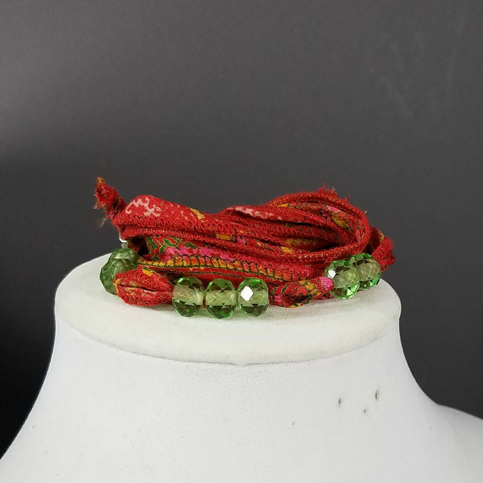 Sari Silk Wrap Bracelet, Red Green Silk Crystal Wrap Bracelet, Multi