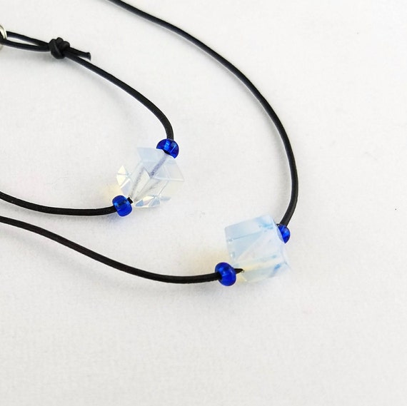 Minimalist Necklace, Opalite Moonstone Necklace, Leather Necklace, Natural Jewelry, Boho Chic, Gifts for Women, Adjustable Leather Choker