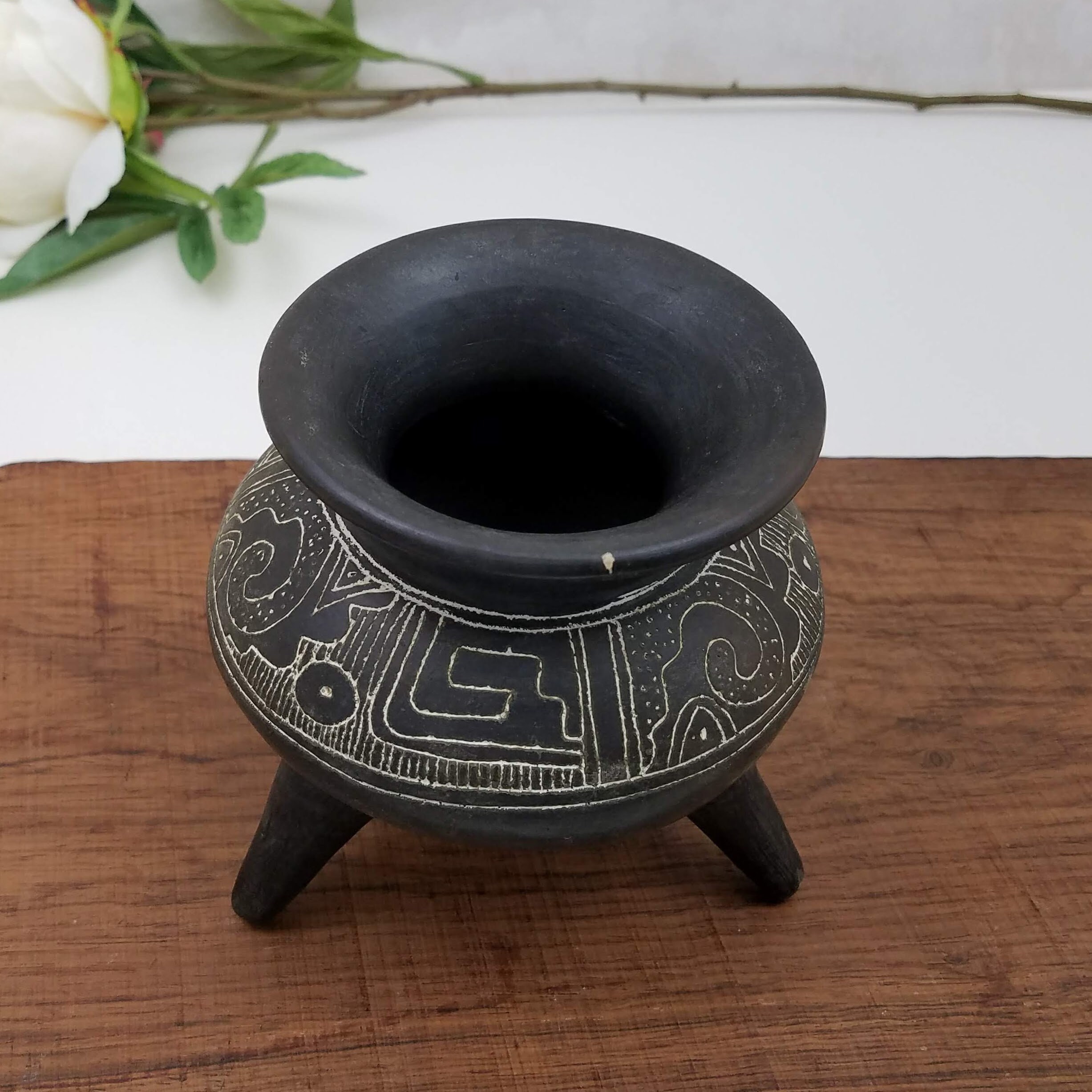 Vintage Blackware Pottery Vessel, Black Tripod Pottery White Etched