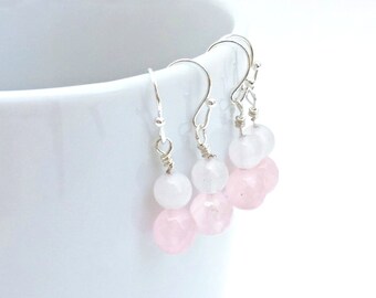 Rose Quartz Earrings, White Jade, Silver Plated, Wedding Jewelry