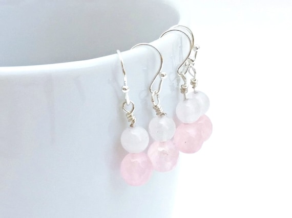 Pink Earrings, Pink White Earrings, Natural Rose Quartz, Pink Quartz, White Jade, Minimalist Earrings, Wedding Earrings, Romantic Earrings