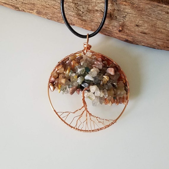 Autumn Tree of Life Pendant Necklace, Artisan Fancy Jasper Gemstone Large Pendant, Long Black Leather Adjustable Necklace