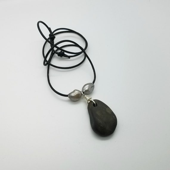 Rock Jewelry, River Rock and Freshwater Pearl Pendant Necklace, Natural Black Necklace