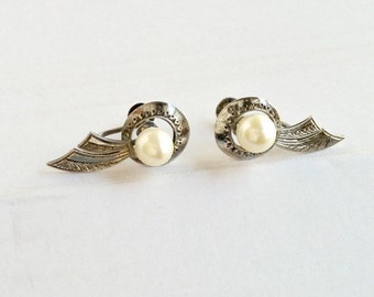Vintage Sterling Silver Pearl Earrings, Mid-Century Screw Back Earrings