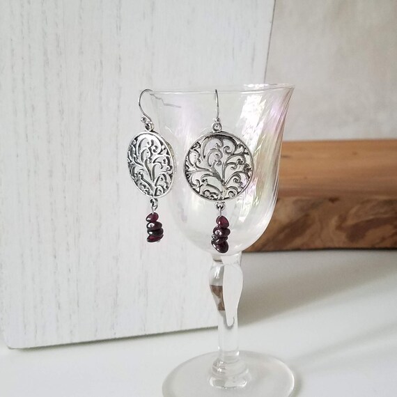 Bohemian Dangle Earrings, Red Garnet Gemstones on Stainless Steel Earrings, Boho Tree of Life Earrings