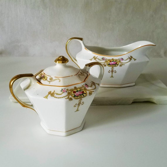 French BelClair P Porcelain Set, Large Lidded Sugar Bowl and Creamer or Gravy Pitcher, French Country Farmhouse Decor