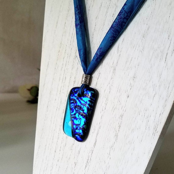 Blue Glass Necklace, Turquoise Blue and Royal Blue and Black Dichroic Glass Fused Glass Pendant on Vintage Sari Silk Necklace