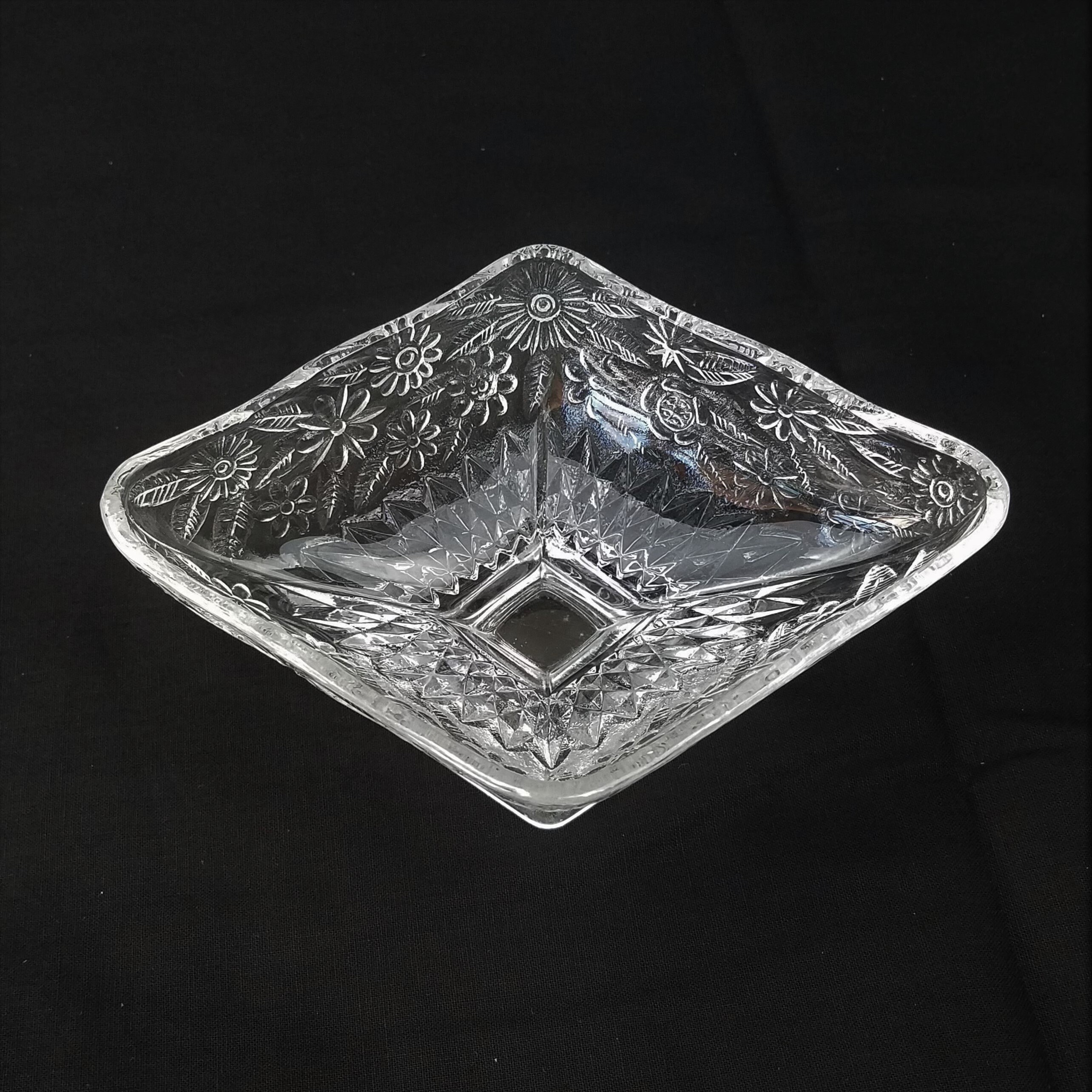 Vintage Small Glass Compote, Pressed Glass Diamond Shape Dish, Footed Dish with Flowers