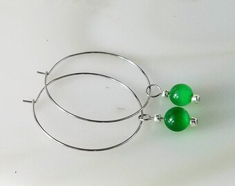 Stainless Steel Hoop Earrings with Green Cats Eye Removable Charm, Minimalist Boho Earrings