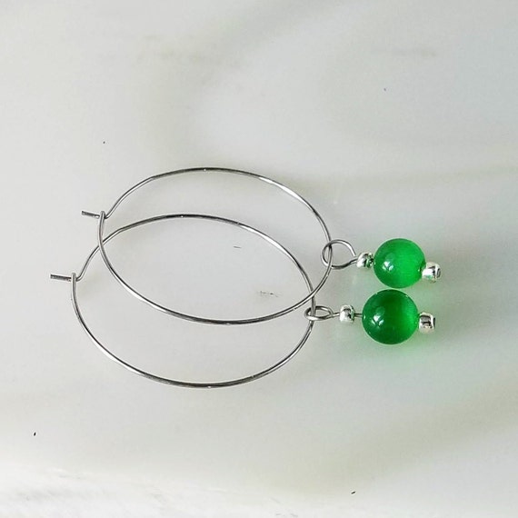 Stainless Steel Hoop Earrings with Green Cats Eye Removable Charm, Minimalist Boho Earrings