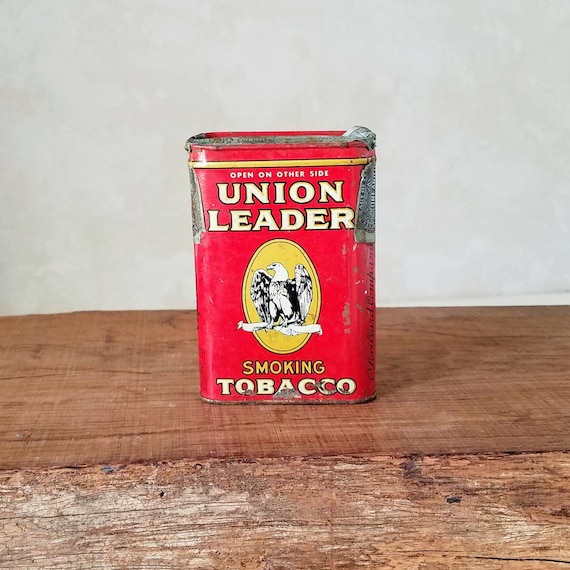 Union Leader Smoking Tobacco Tin, Advertising Collectible Vintage Red Metal Container with Paper Seal, Rustic Vintage Decor