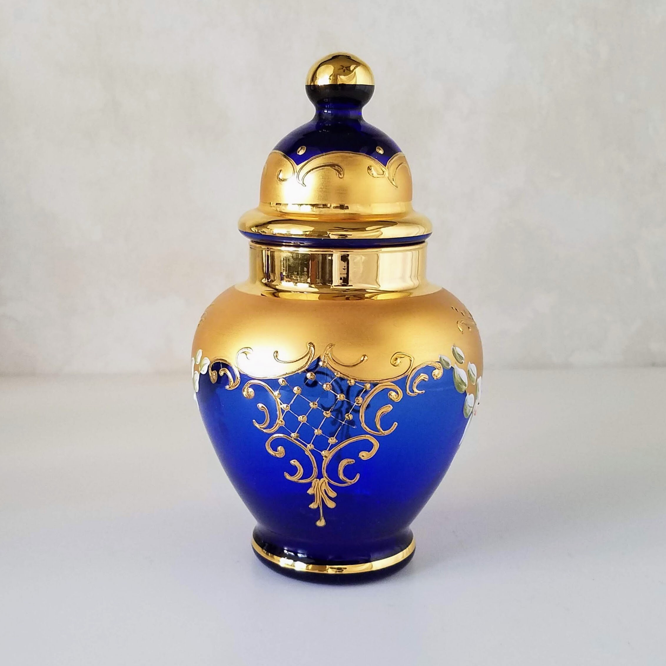 Bohemian Blue Glass Ginger Jar, Cobalt Blue Czech Glass Enameled Gold