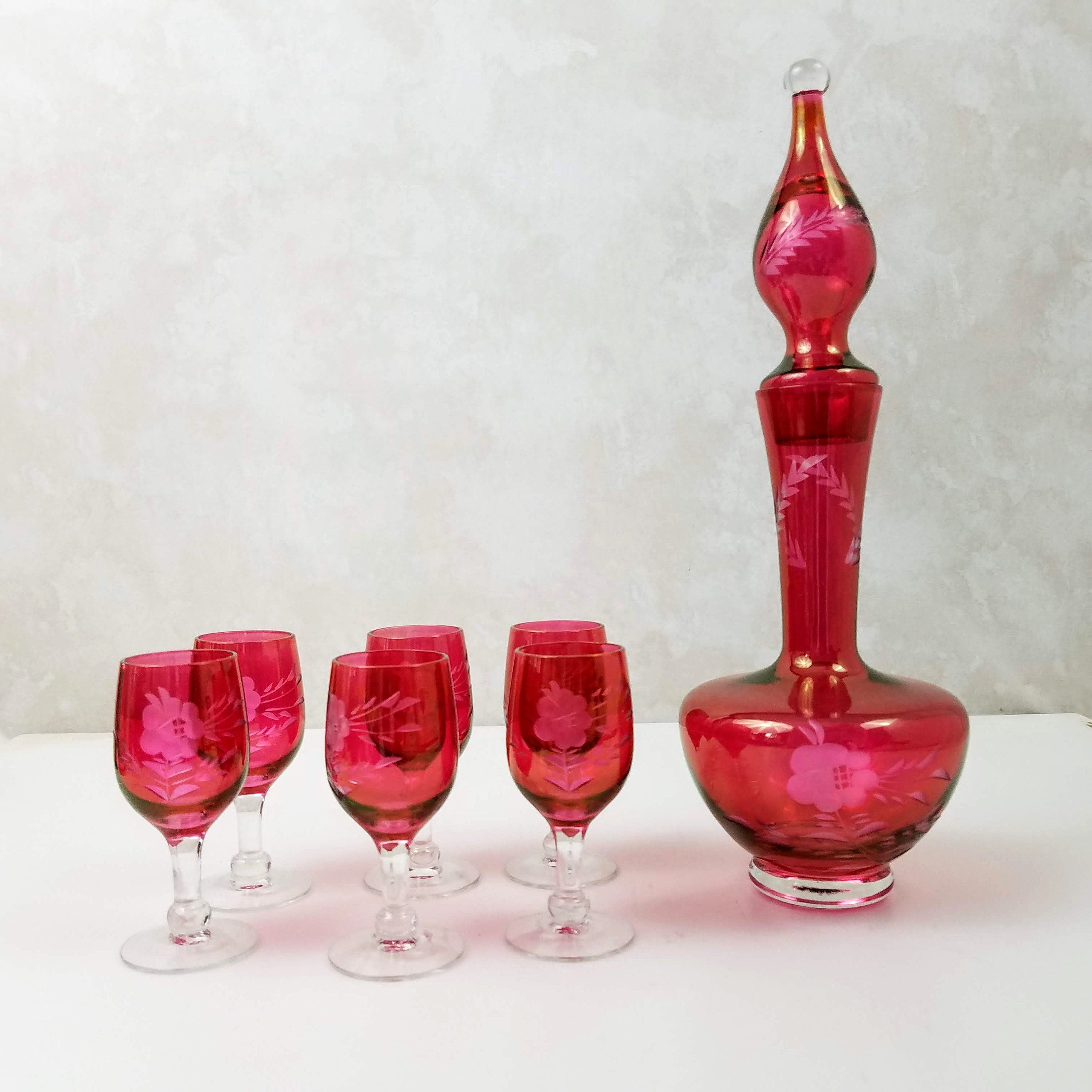 Cranberry Glass Decanter Set, Bohemian Etched Cut to Clear Cranberry