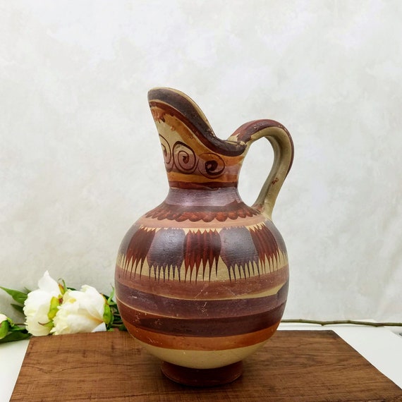 Folk Art Ceramic Pitcher, Large Ceramic Pitcher, Vintage South American Pitcher, Polychromatic Pottery Pitcher, Collectible Pottery