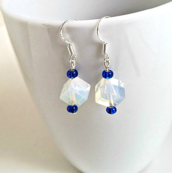 Blue White Opalite Earrings, Minimalist Earrings, Sterling Silver Drop Earrings, Petite Lightweight Everyday Earrings, Jewelry Gift for Her