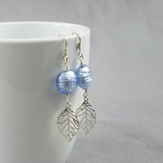Light Blue Sterling Silver Lampwork Earrings, Leaf earrings, Blue Glass Earrings, Boho Earrings, Gifts for Women, Bridesmaids Earrings