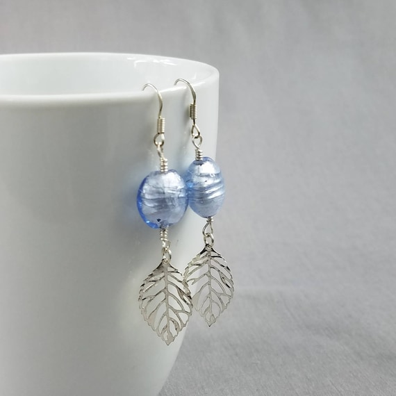 Light Blue Sterling Silver Lampwork Earrings, Leaf earrings, Blue Glass Earrings, Boho Earrings, Gifts for Women, Bridesmaids Earrings