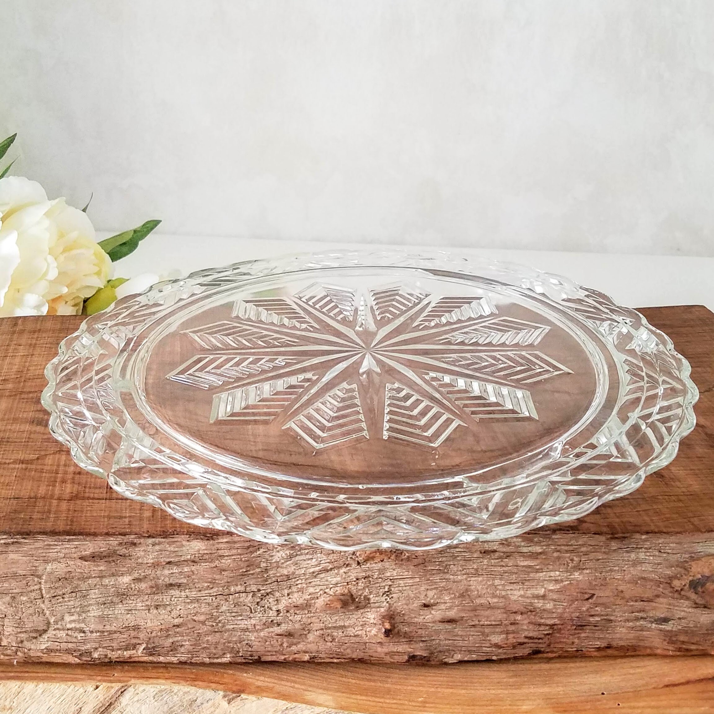Glass Cake Plate, Vintage Federal Three Footed Pressed Glass Cake Plate