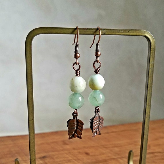 Boho Amazonite Earrings, Green Aventurine Earrings, Natural Rustic Earrings, Gemstone Copper Dangle Earrings, Natural Jewelry Gifts for Her