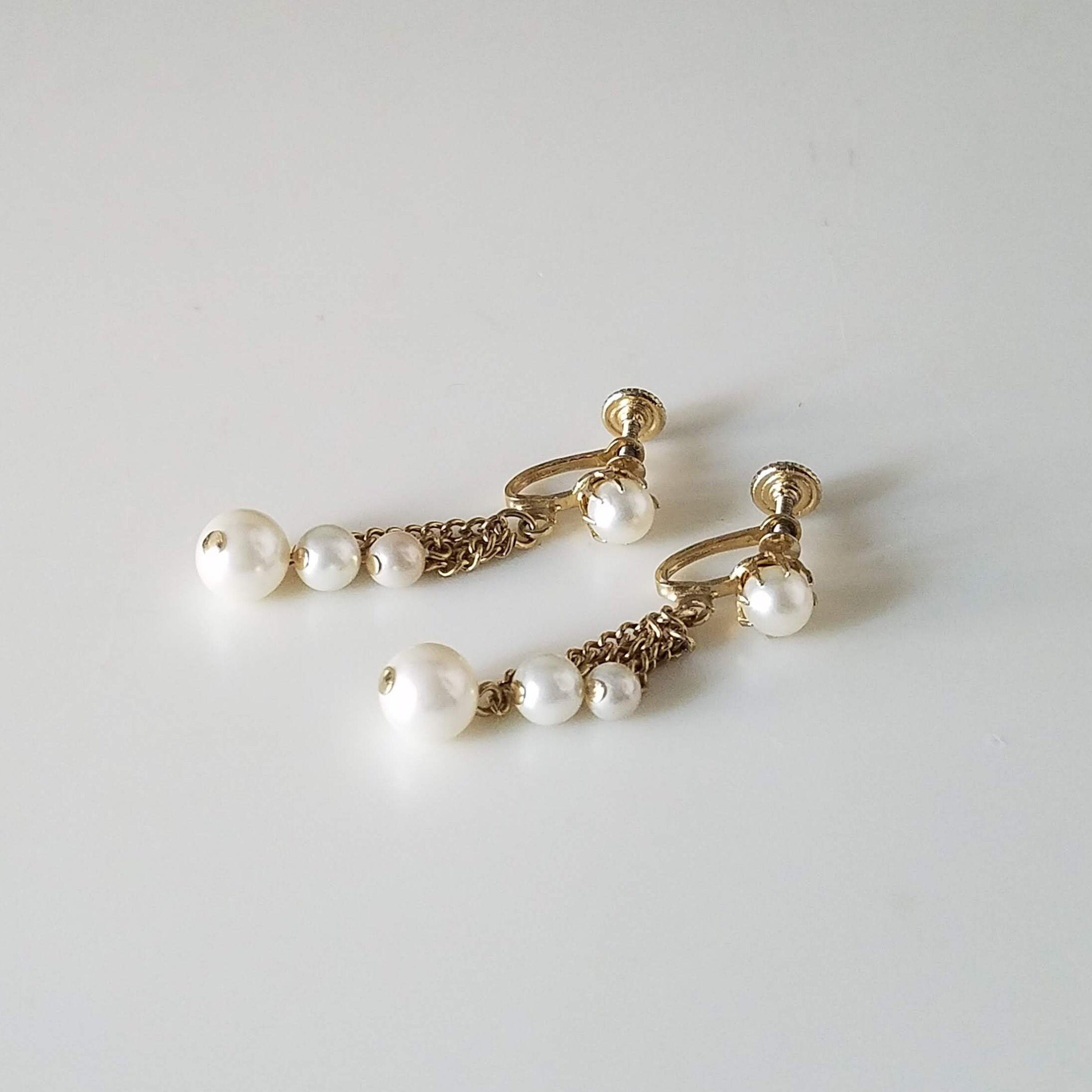 Pearl Drop Dangle Chain Earrings, Bridal Wedding No Pierce Earrings, White Faux Pearl Vintage
