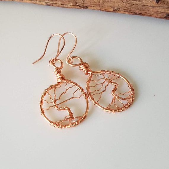 Copper Tree of Life Earrings, Bohemian Handmade Copper Dangle Hoops
