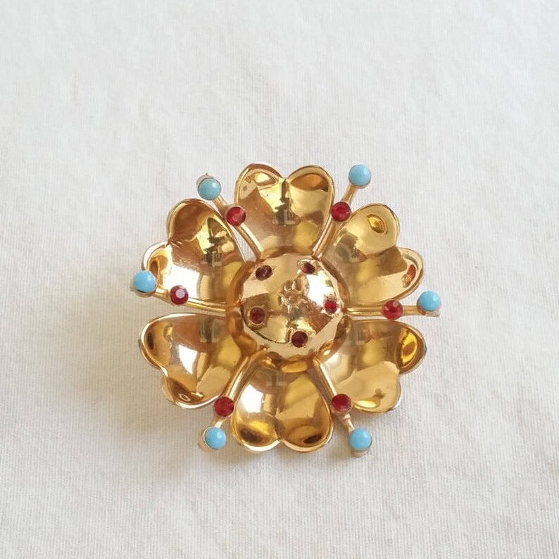 Statement Brooch Ruby Crystals Gifts for Her Vintage Coro Brooch Gold Enamel and Rhinestone Pin 1919 Jewelry Vintage Flower Brooch