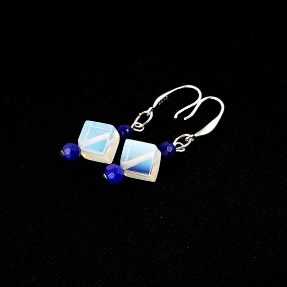 Sapphire Silver Earrings, Silver Opalite Earrings, Romantic Jewelry Gift, Geometric Earrings, September Birthstone, White Blue Earrings