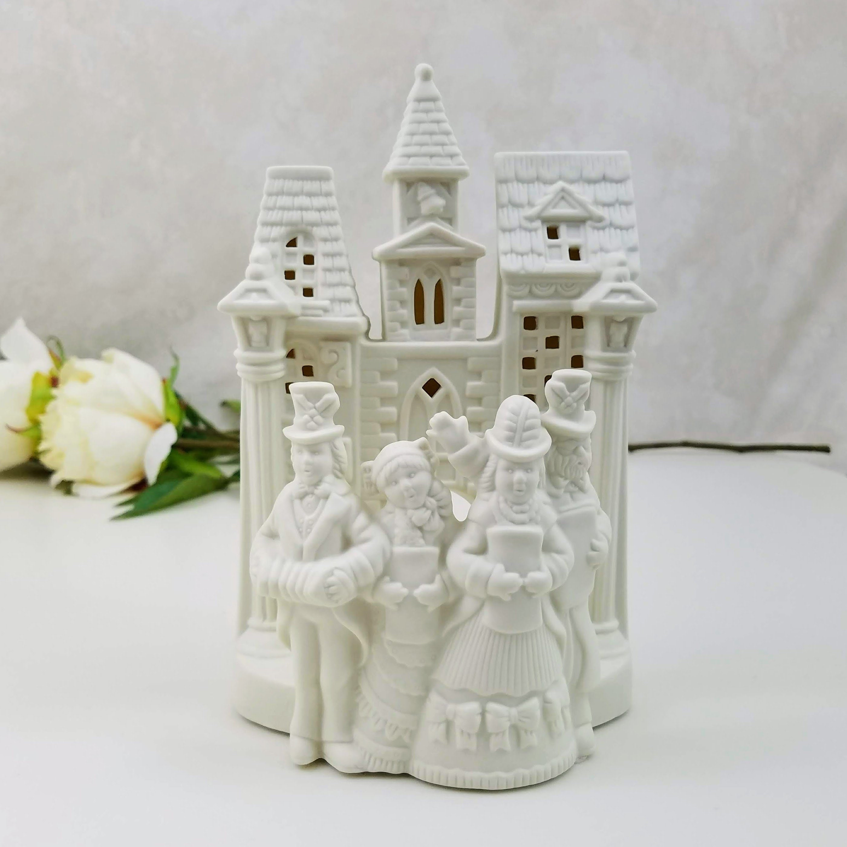 Village Carolers Candle Holder and Display, White Bisque Victorian Carolers Christmas Decoration
