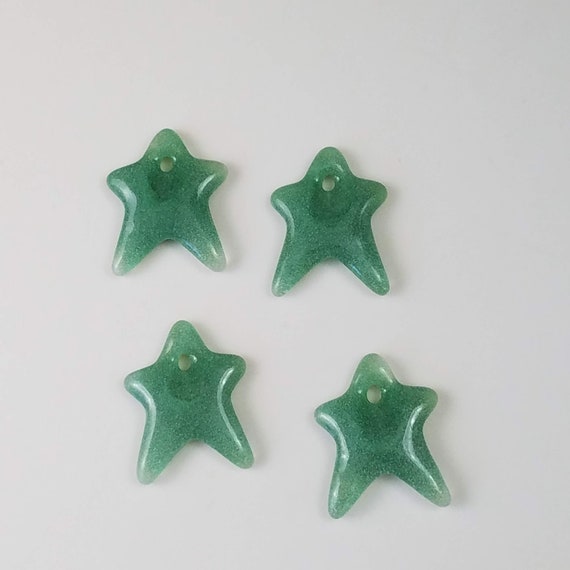 Star Ornaments, Set of 4 Green Glass Star Ornaments, Fused Glass Reflective Stars