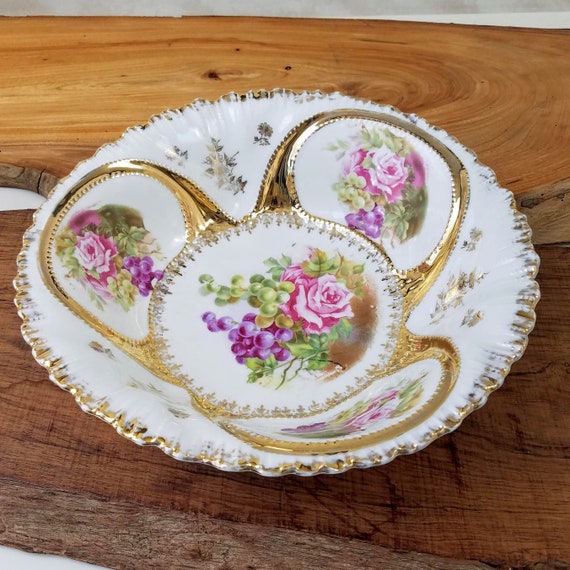 Antique Victorian Porcelain Bowl, German or Prussian Gilded Gold Large Bowl with Pink Roses and Grapes