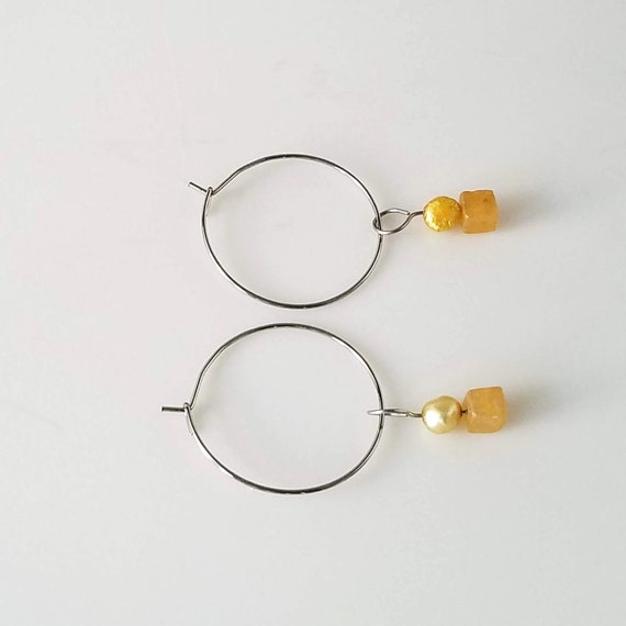 Stainless Steel Hoop Earrings with Yellow Jade and Gold Pearl Removable Charm, Minimalist Boho Earrings