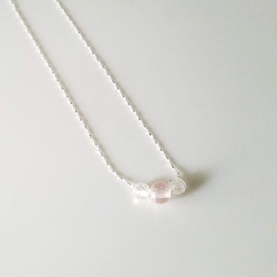 Crystal Necklace, Pale Pink and Clear Crystals on Sterling Silver Necklace Chain, 18 Inch Minimalist Necklace