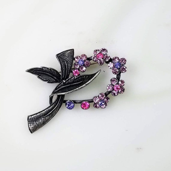 Purple and Pink Rhinestone Brooch, Vintage Silver Signed Park Lane Flower Brooch, Romantic Gift for Her