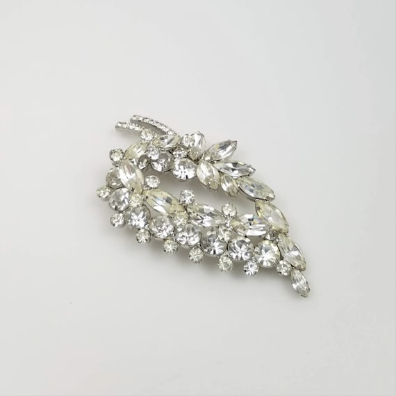 Vintage Clear Rhinestone Brooch, Large Leaf Rhines