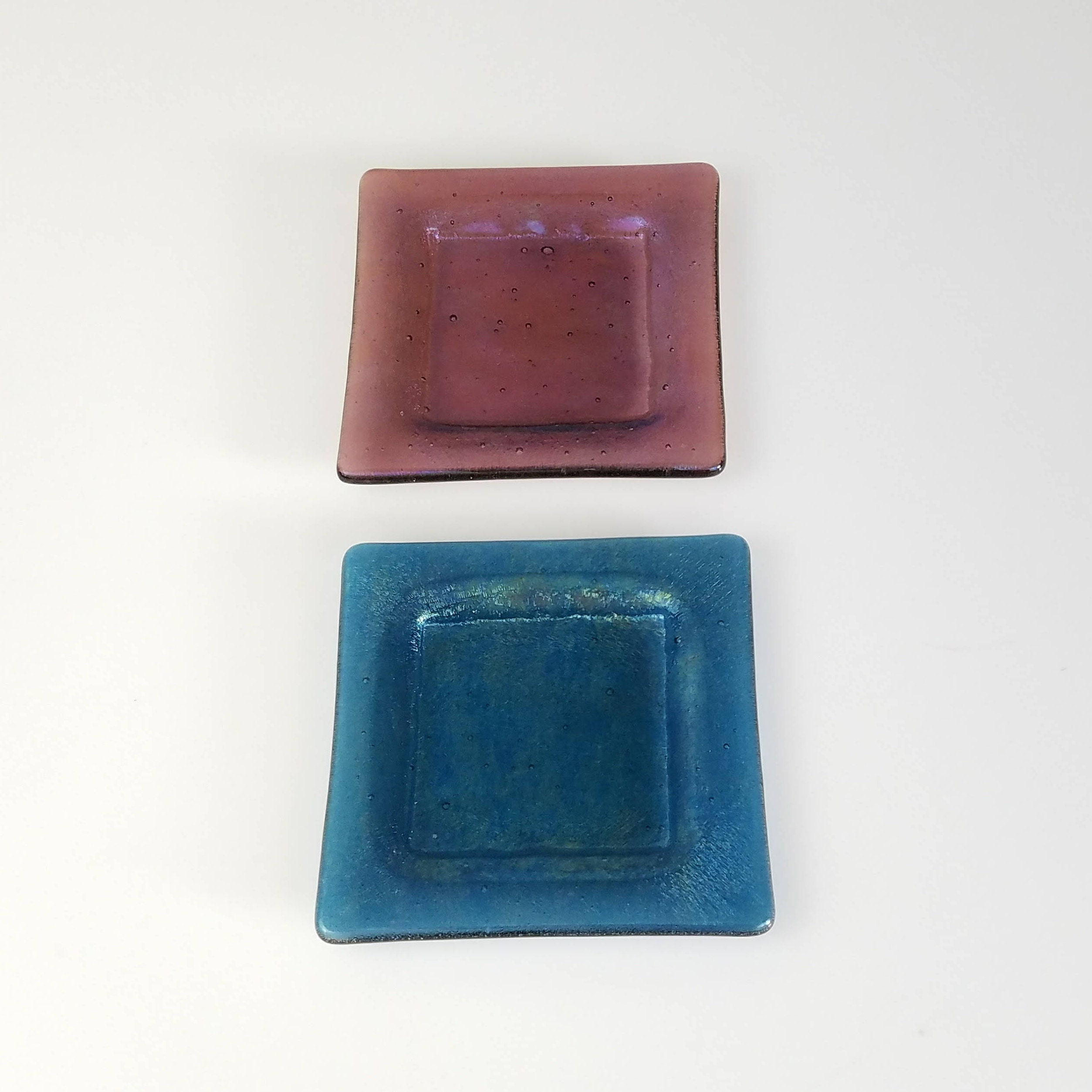 Small Art Glass Plates, Blue and Pink Fused Glass Square Plates