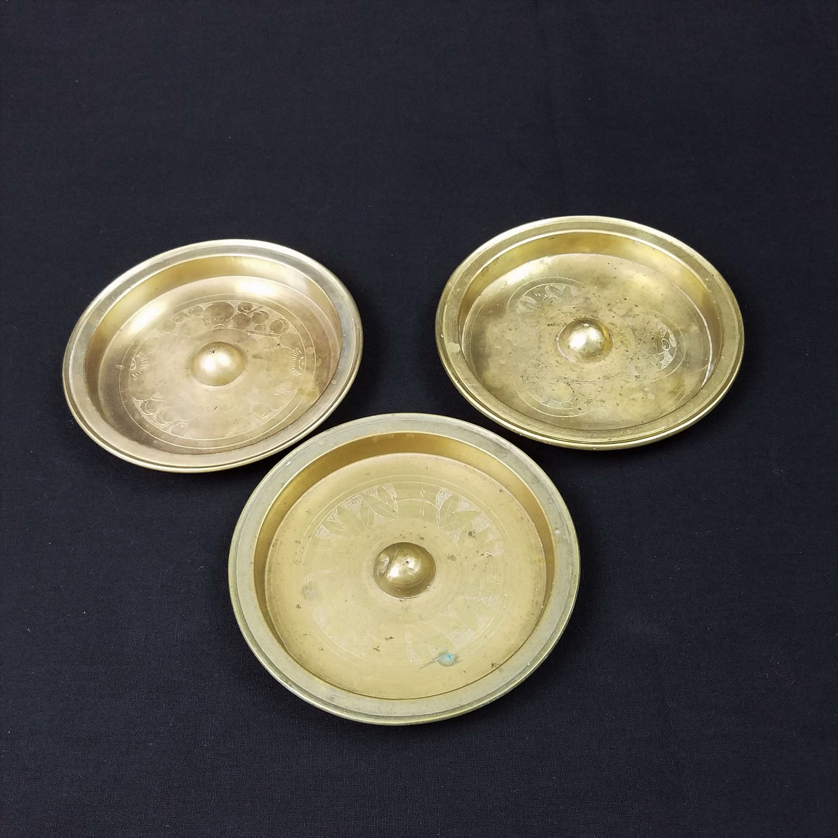 Vintage Small Engraved Brass Dishes with Raised Center, Set of 3 Brass