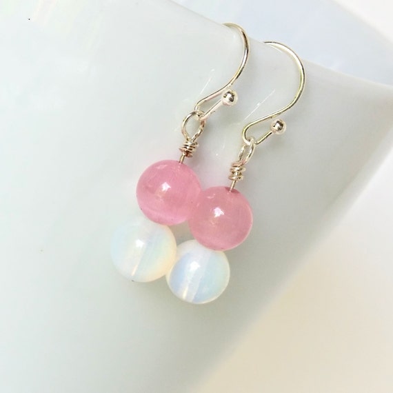 Pink White Moonstone Earrings, Romantic Pink Earrings, Boho Chic Minimalist Earring Gifts for Women, Pretty Wedding Earrings for Her