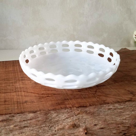 Milk Glass Bowl, Vintage Open Basket Weave Fenton Style White Glass Bowl, Small Glass Candy Dish or Jewelry Dish