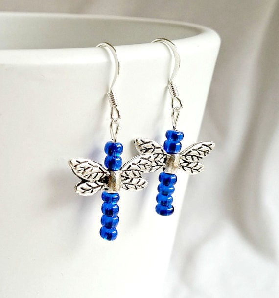 Dragonfly Earrings, Cobalt Blue Dragonfly, Boho Chic Earrings, Silver Dragonfly Earrings, Gift for Her, Stainless Steel Ear Wires