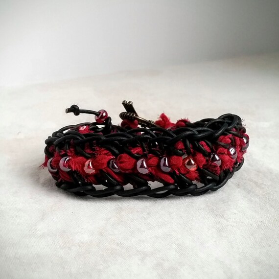 Red and Black Bohemian Bracelet, Black Leather Bracelet, Red Sari Silk Ribbon Bracelet, Silk Crochet Bracelet, Jewelry Gift for Her