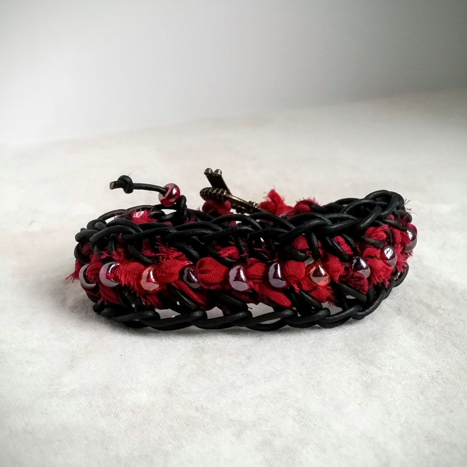 Red and Black Bohemian Bracelet, Black Leather Bracelet, Red Sari Silk Ribbon Bracelet, Silk