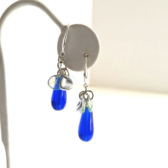 Blue Glass Earrings, Sterling Silver Earrings, Romantic Jewelry Gifts, Bohemian Earrings, Cobalt Blue Cluster Earrings, Blue Silver Earrings