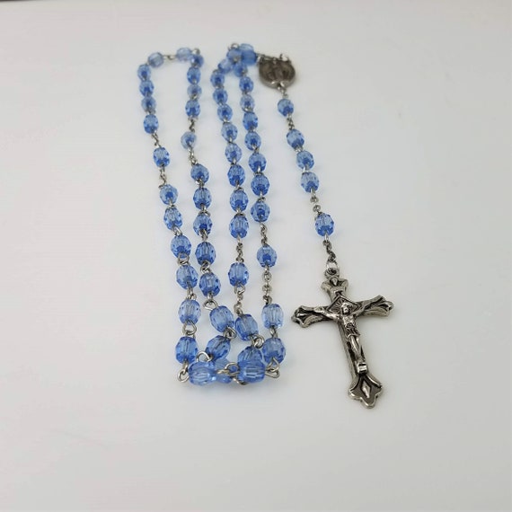 Vintage Blue Rosary Necklace, Vintage Prayer Beads,Beaded Rosary Chain, Silver Metal Crucifix, Saint Mary Charm