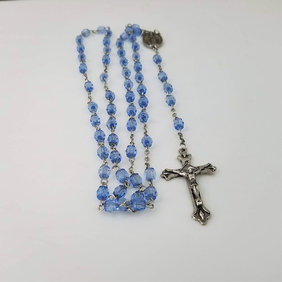 Vintage Blue Rosary Necklace, Vintage Prayer Beads,Beaded Rosary Chain, Silver Metal Crucifix, Saint Mary Charm