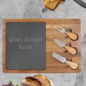 Engraved Charcuterie Board with Slate Insert | Cheese Knife Set