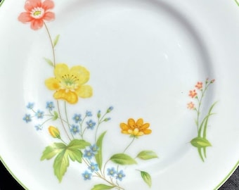 May include: A white ceramic plate with a green rim features a floral design with yellow, orange, pink, and blue flowers.