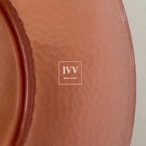 以下が含まれることがあります： テラコッタ色のセラミックプレートで、白いロゴには「IVV Made in Italy」と書いてあります。
