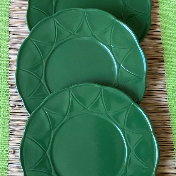 Set of 3 Vintage Hazel Atlas Deep Green Luncheon Plates, Newport Hairpin Platonite, Shabby Chic Mid-Century, Farmhouse, Country, Mix & Match