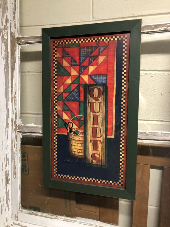 Framed Quilt Art Primitive Inspired Folkart Print Quilt Etsy
